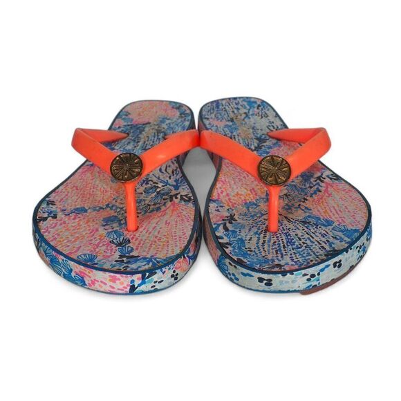 Lilly Pulitzer Thong Flip Flip Sandals Blue / Coral Women's 7-8 - Picture 3 of 9